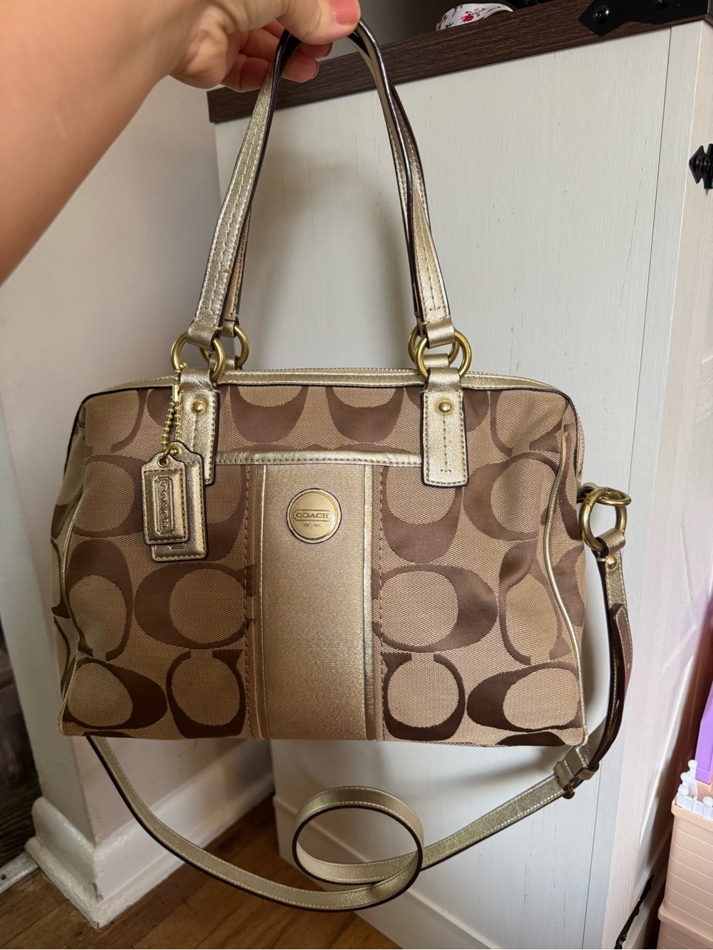 Coach Tan Signature Canvas Shoulder Bag with Gold Accents
